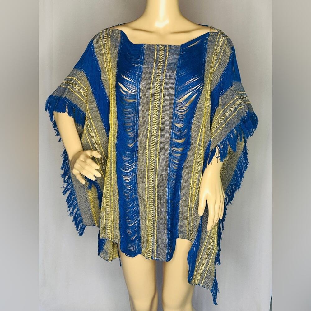 New Indigo Woven Boho Poncho Mexican Woven Festival Shredded Top Coverup